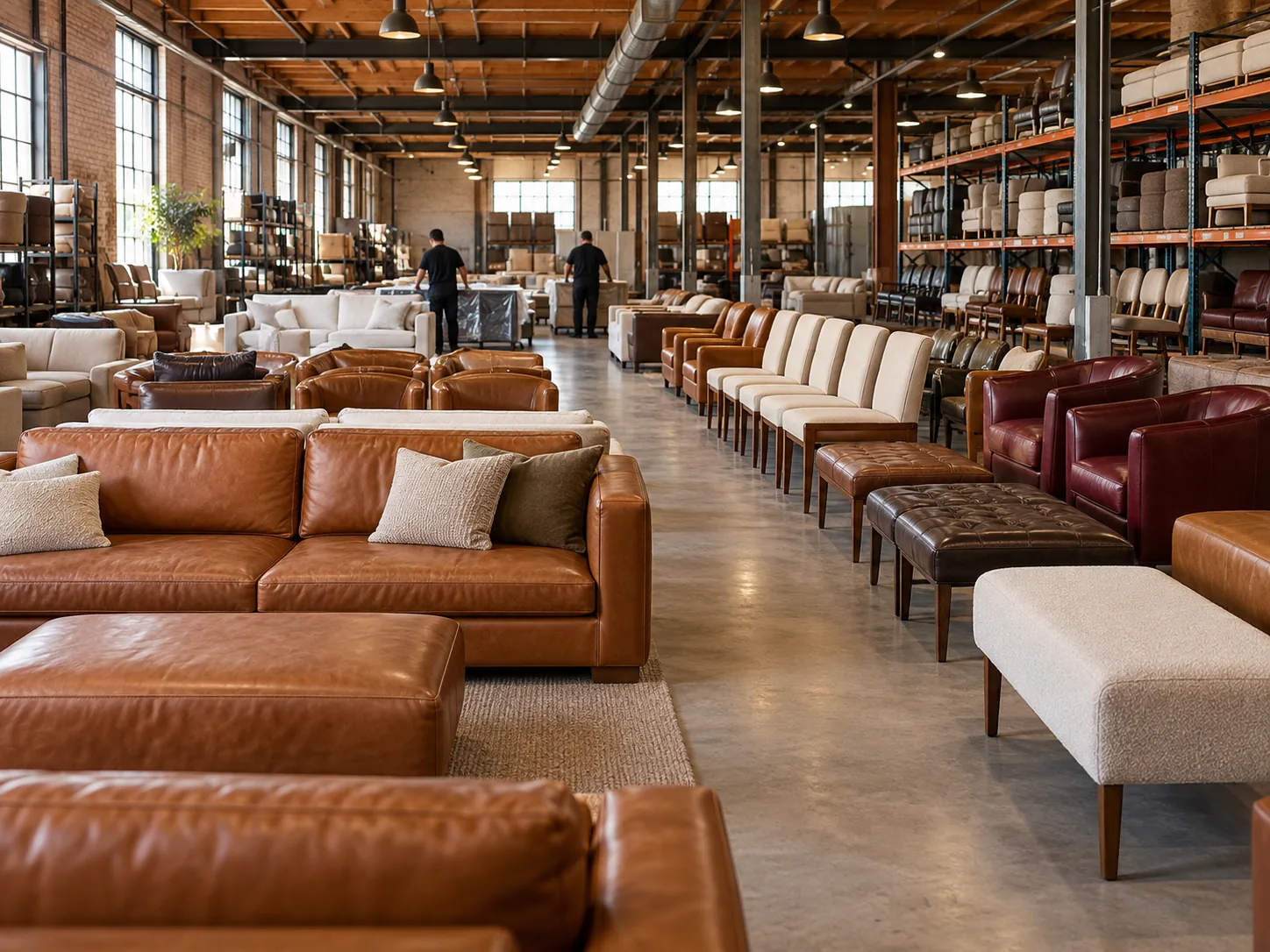 Rows of staging sofas and chairs in a warehouse ready for a bulk refresh