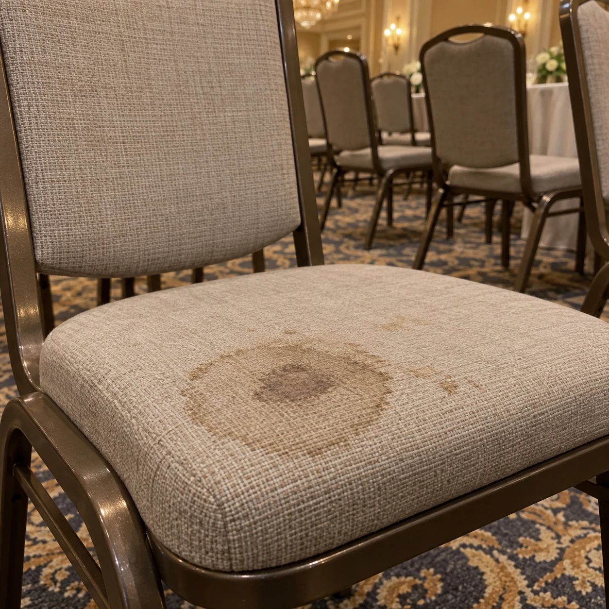 A stained fabric seat on a banquet chair