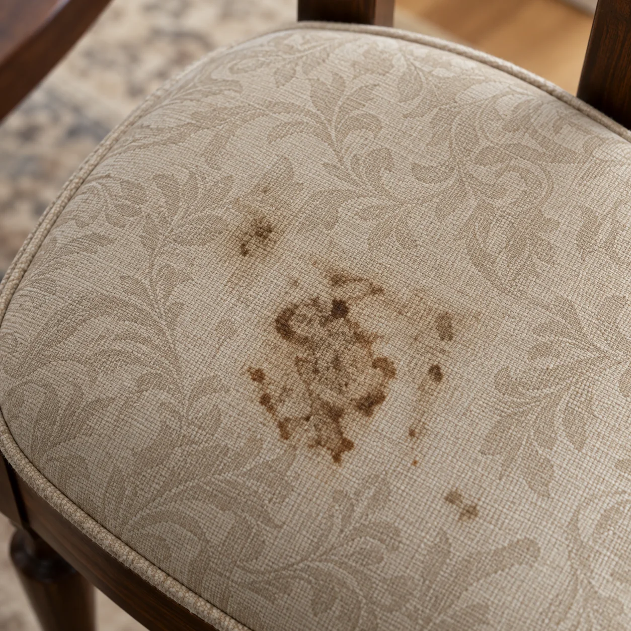 Stain soaked into an oatmeal damask dining chair seat