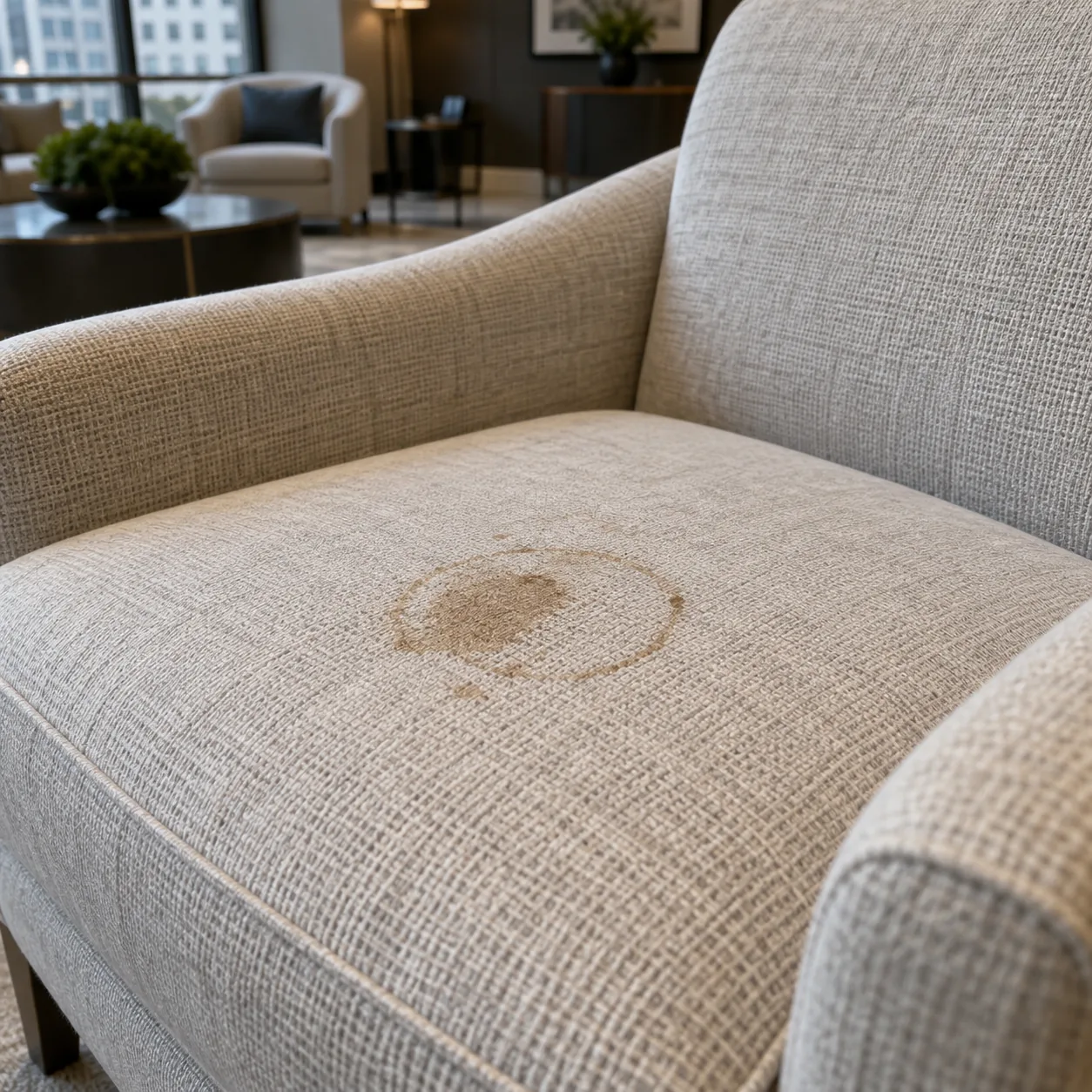 A coffee stain on a light fabric club chair seat