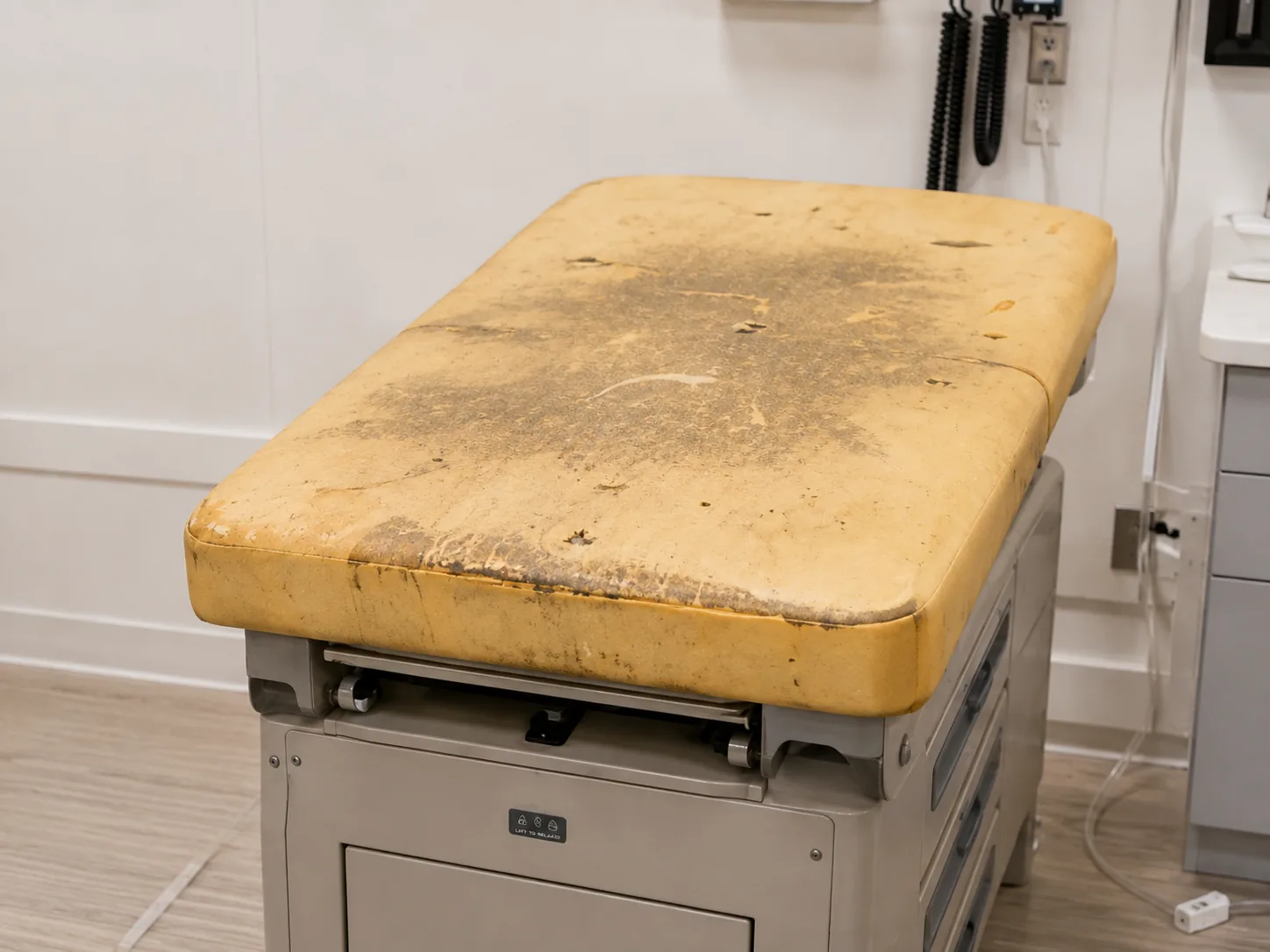 A yellowed, stained exam table seat pad with fluid soaked into the foam