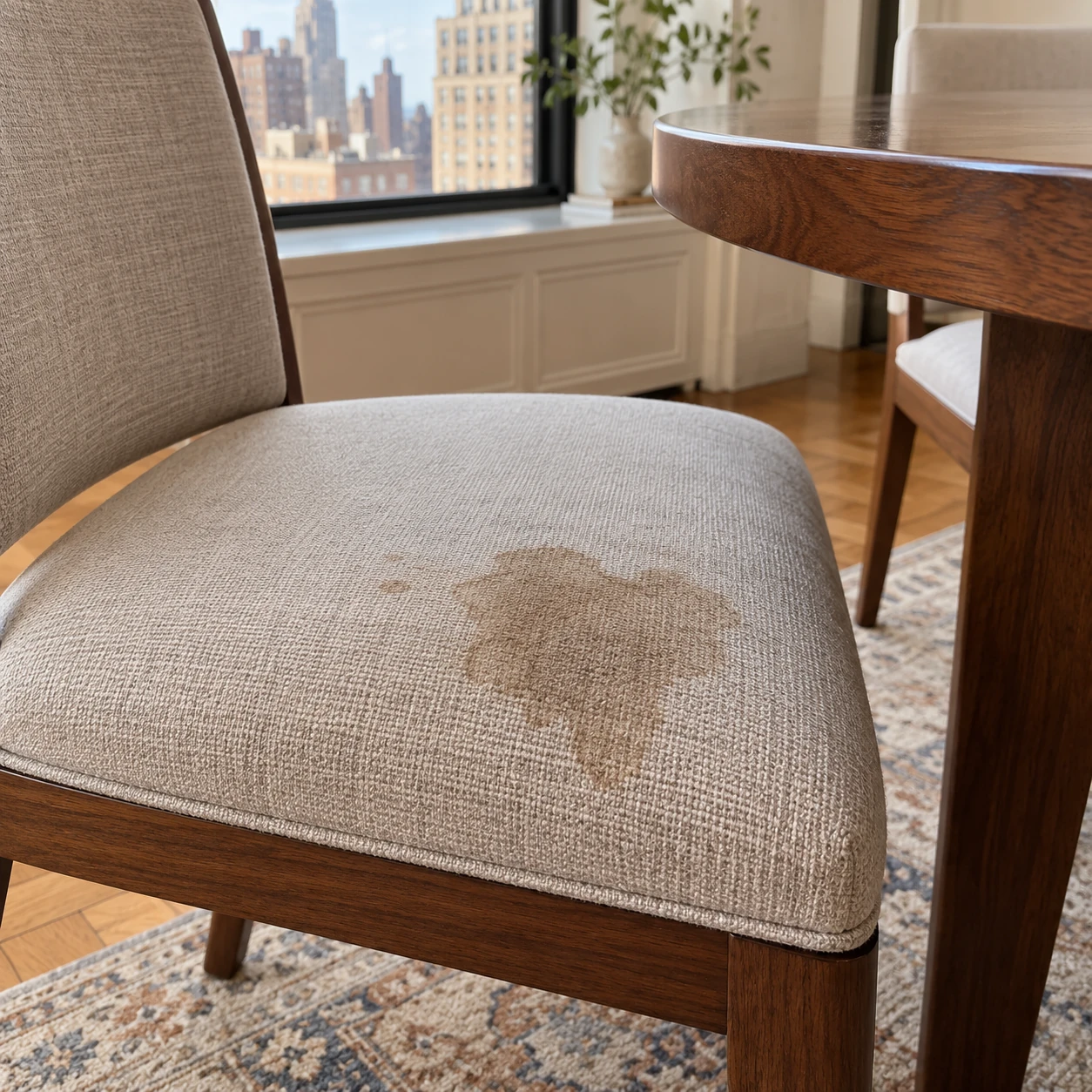 A stained upholstered dining chair seat