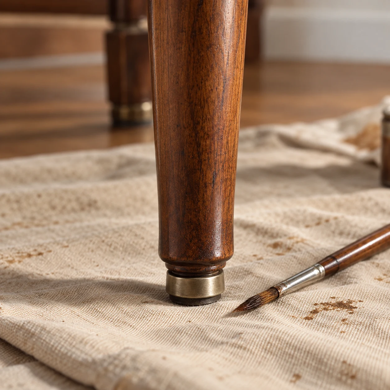 Chair leg being refinished on a drop cloth