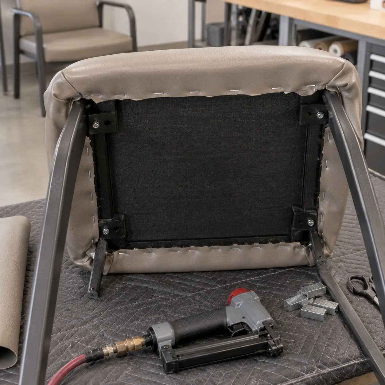 Seat cover being stapled under a chair frame