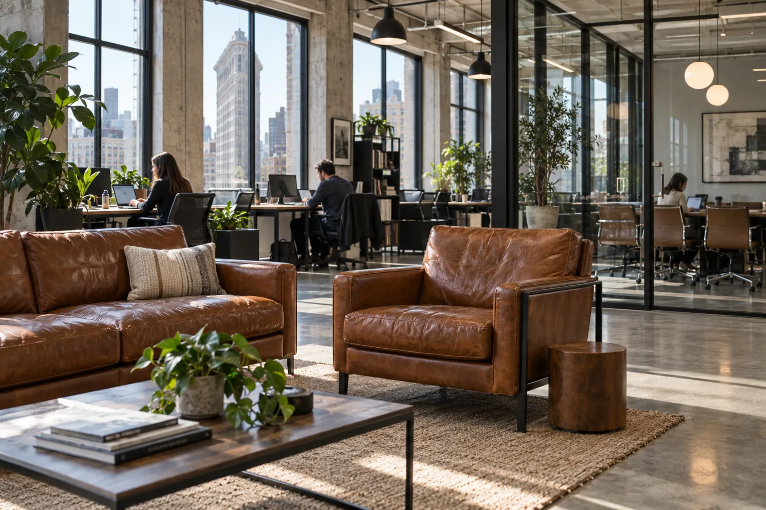 Leather sofa and chairs in an office lounge