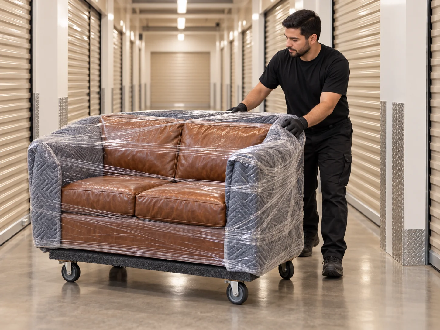 Wrapped leather loveseat being moved out of storage