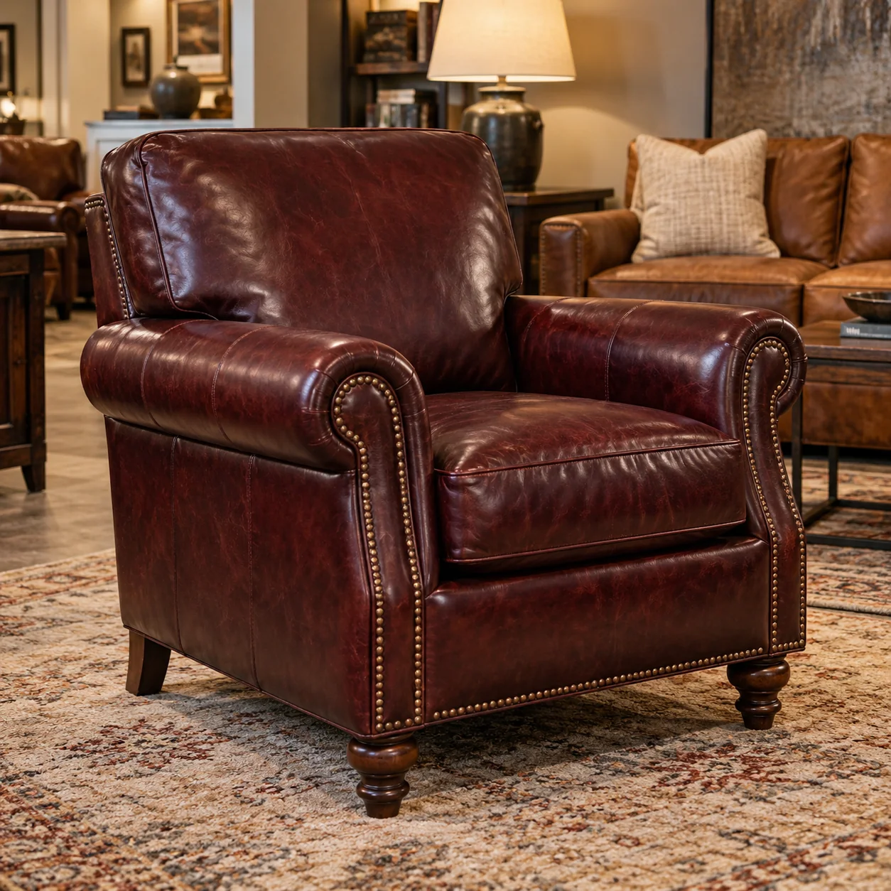 Oxblood leather armchair on a store floor