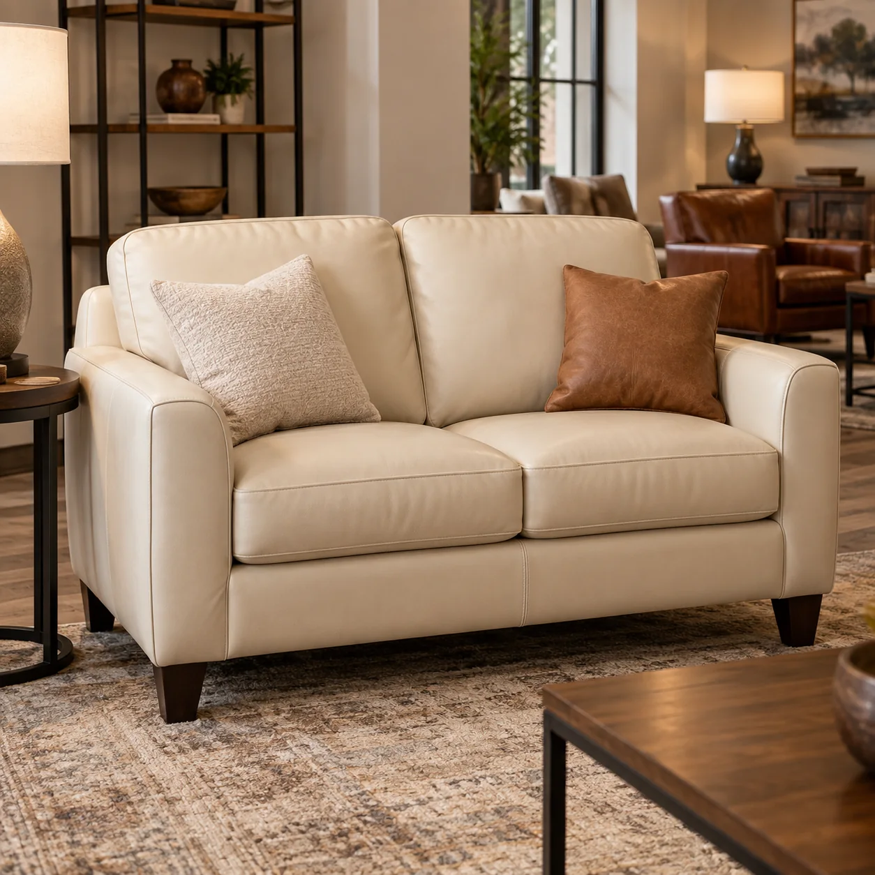 Cream leather loveseat in a living room