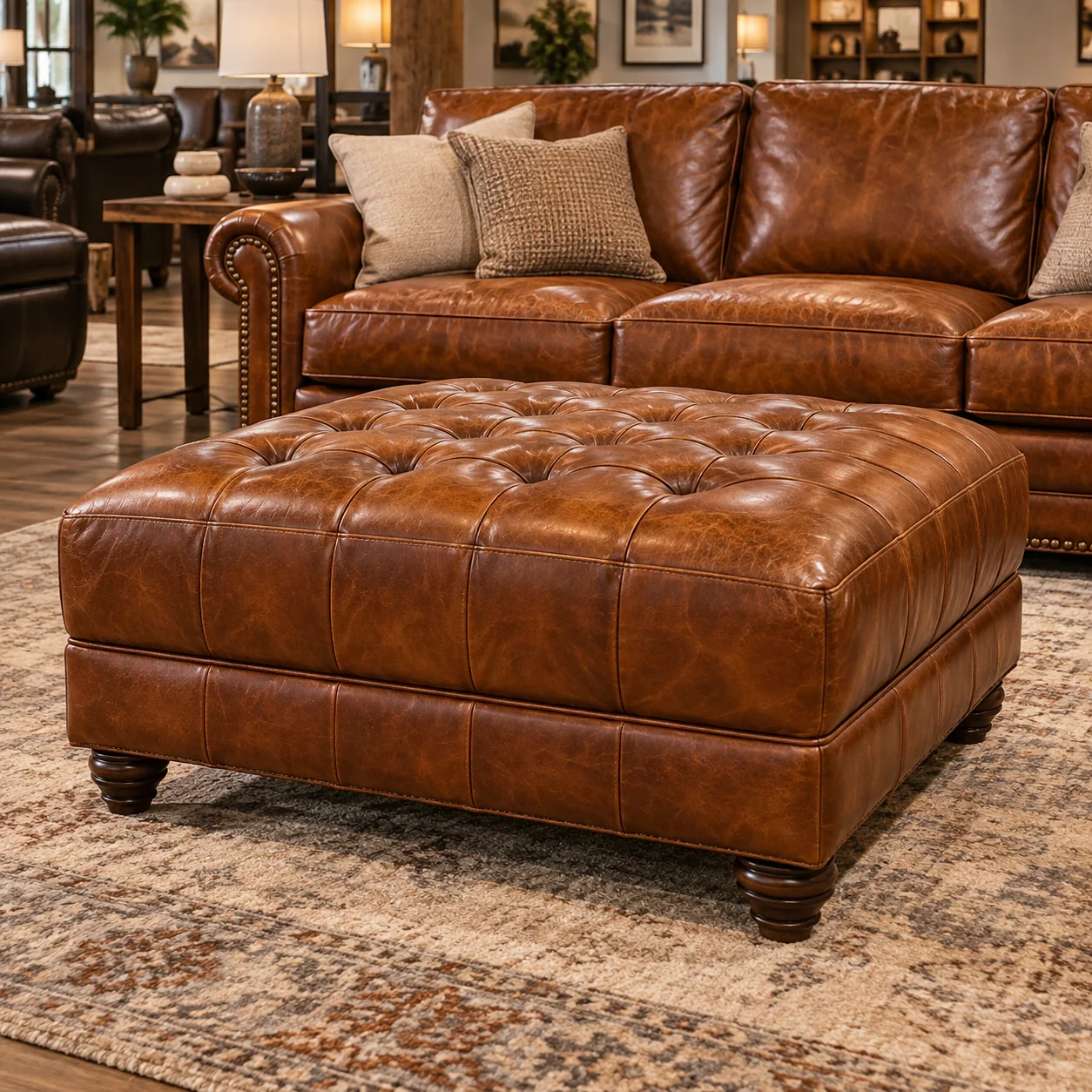 Tufted leather ottoman on a store floor
