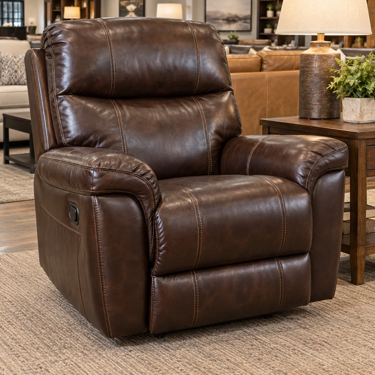 Brown leather recliner in a living room