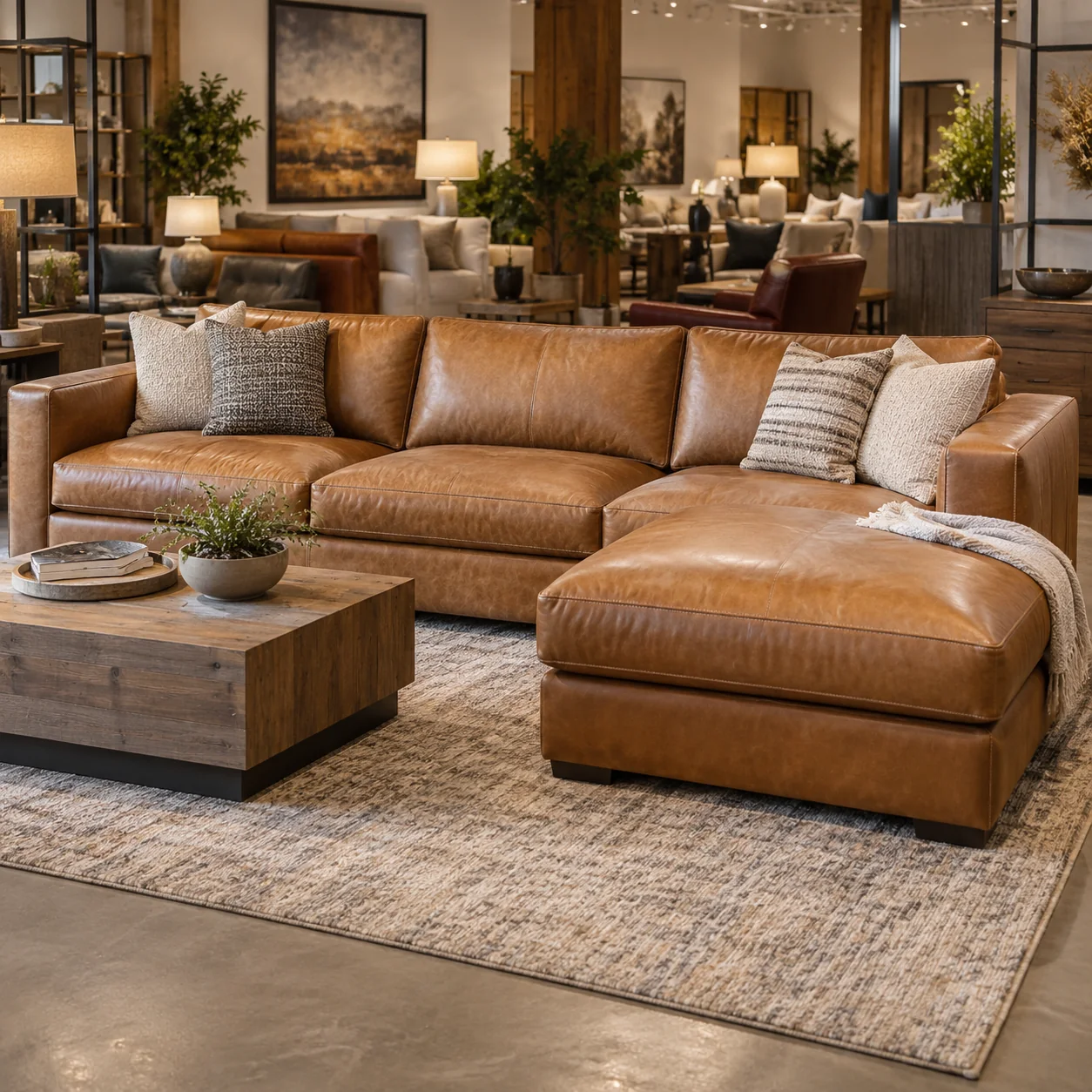 A leather sectional on a showroom floor