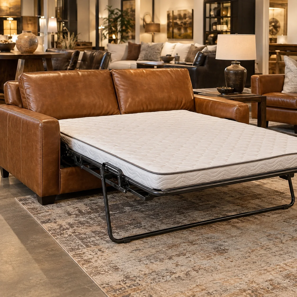 A leather sofa bed on a showroom floor