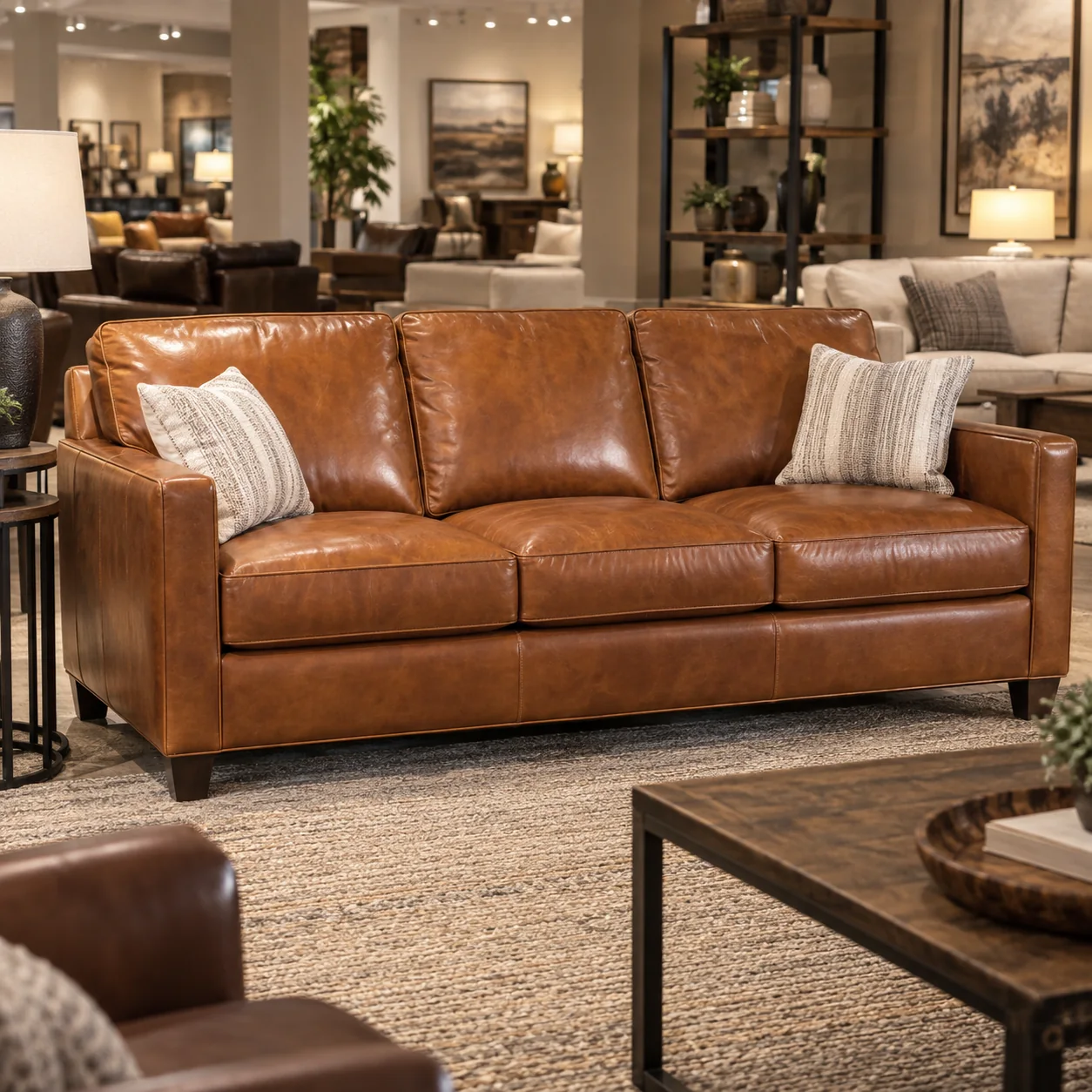 Cognac leather sofa on a store floor