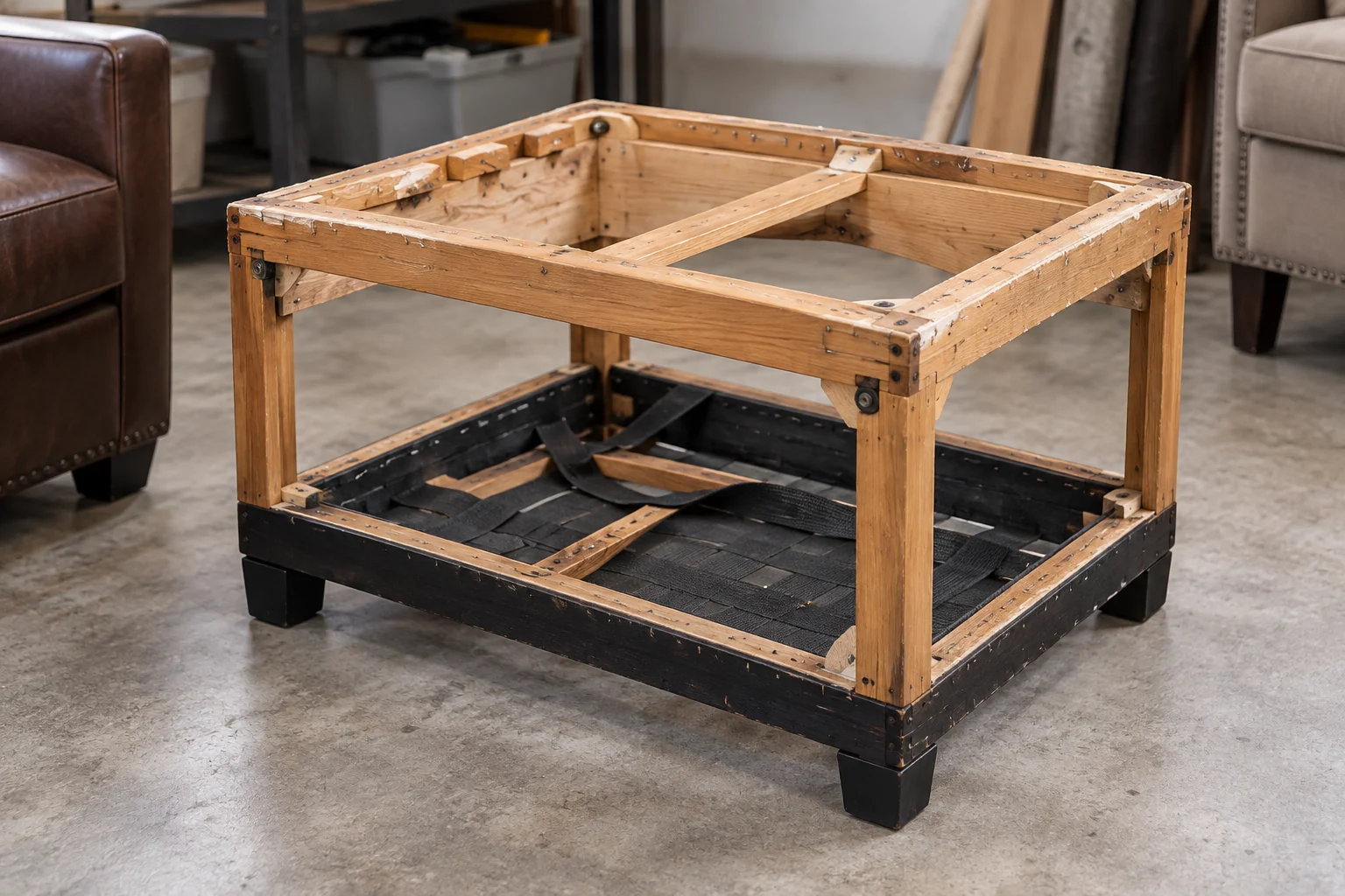 A stripped ottoman frame on a workshop floor showing its rails and black webbing