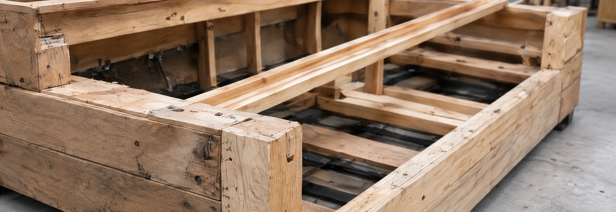 A sofa bed stripped back to its bare timber frame and decking