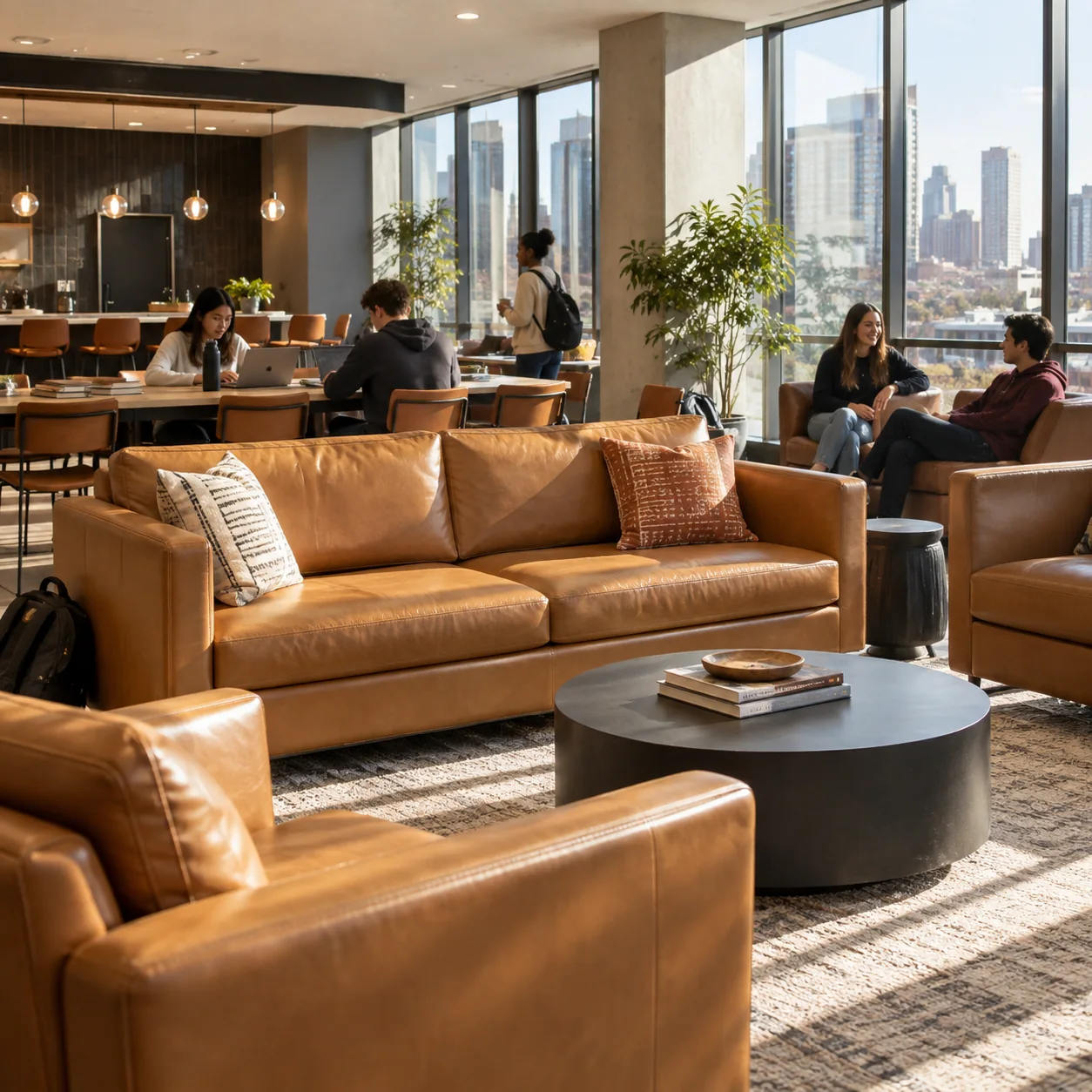 A common room with vinyl seating in student housing