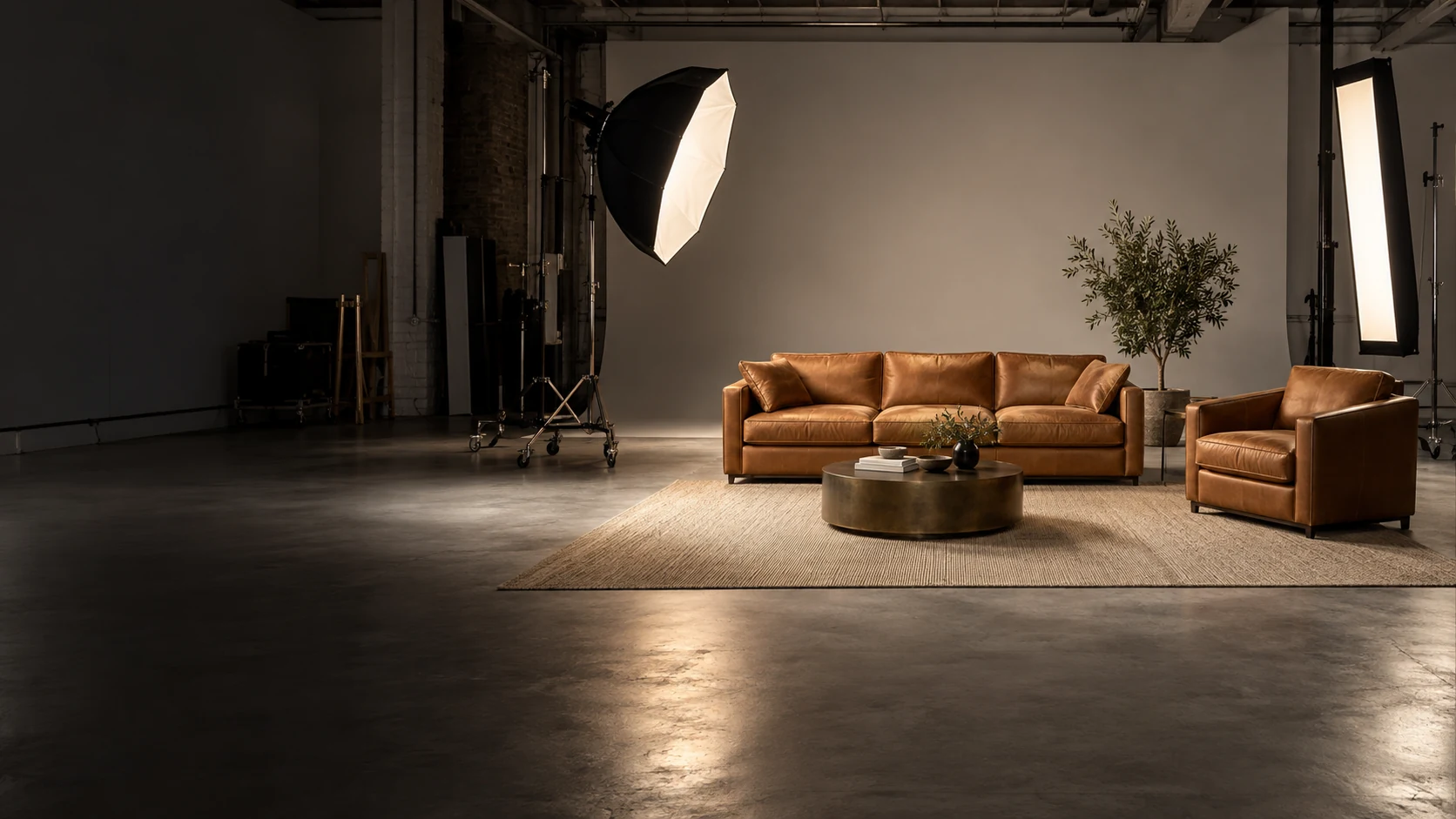 A dressed studio furniture set standing ready under lights