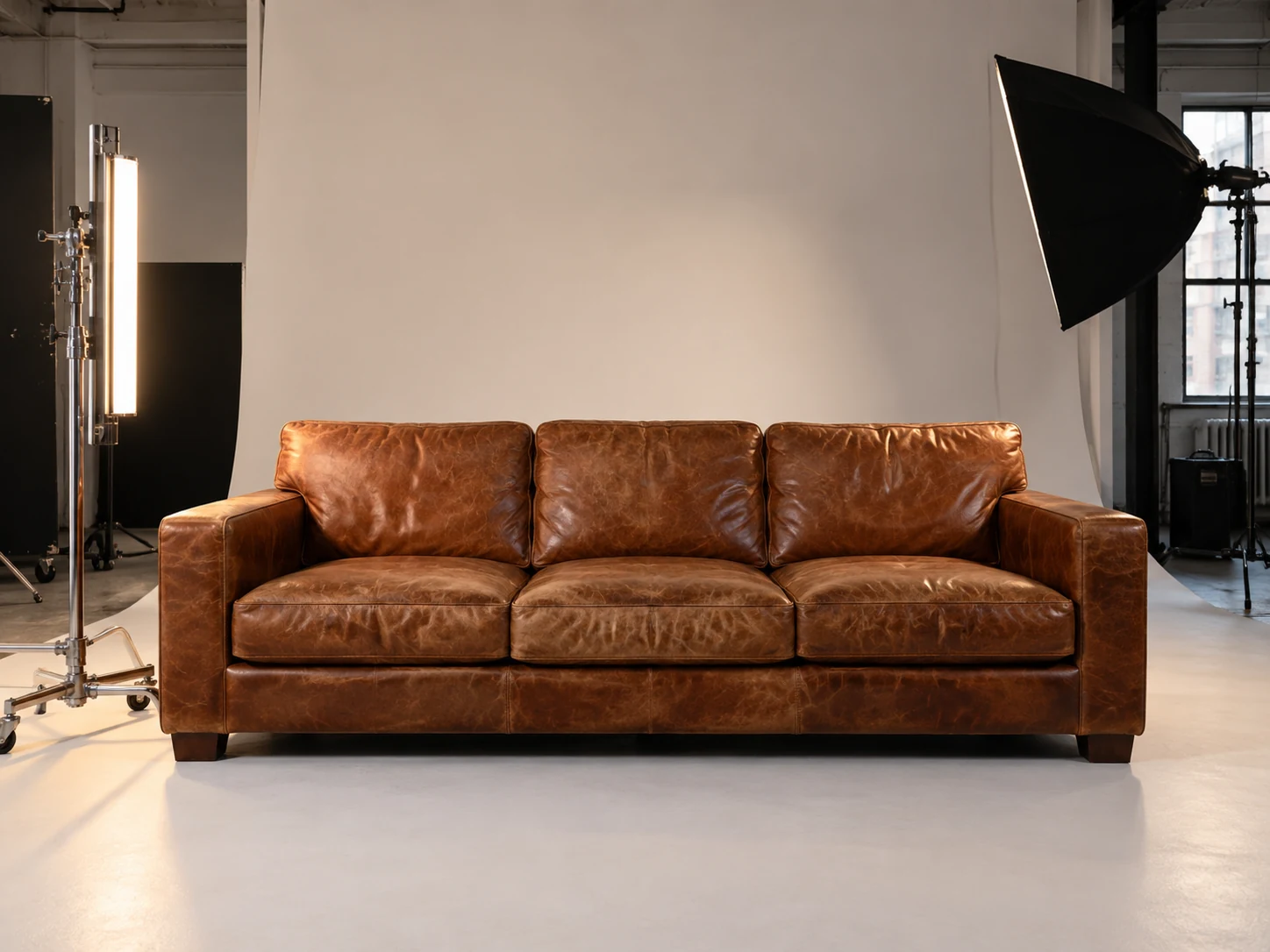A leather sofa used as a photography studio prop