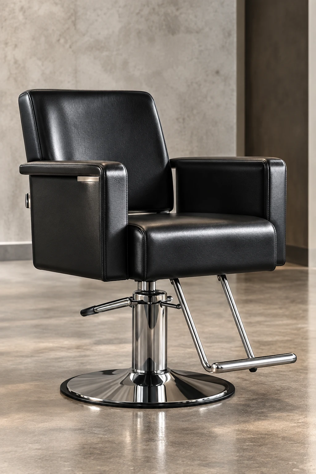 Black leather styling chair on a polished chrome hydraulic base with a footrest