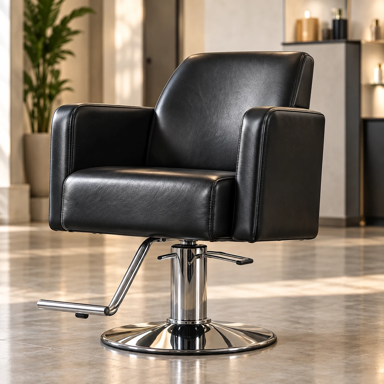 Single black styling chair photographed in a bright salon during a site visit