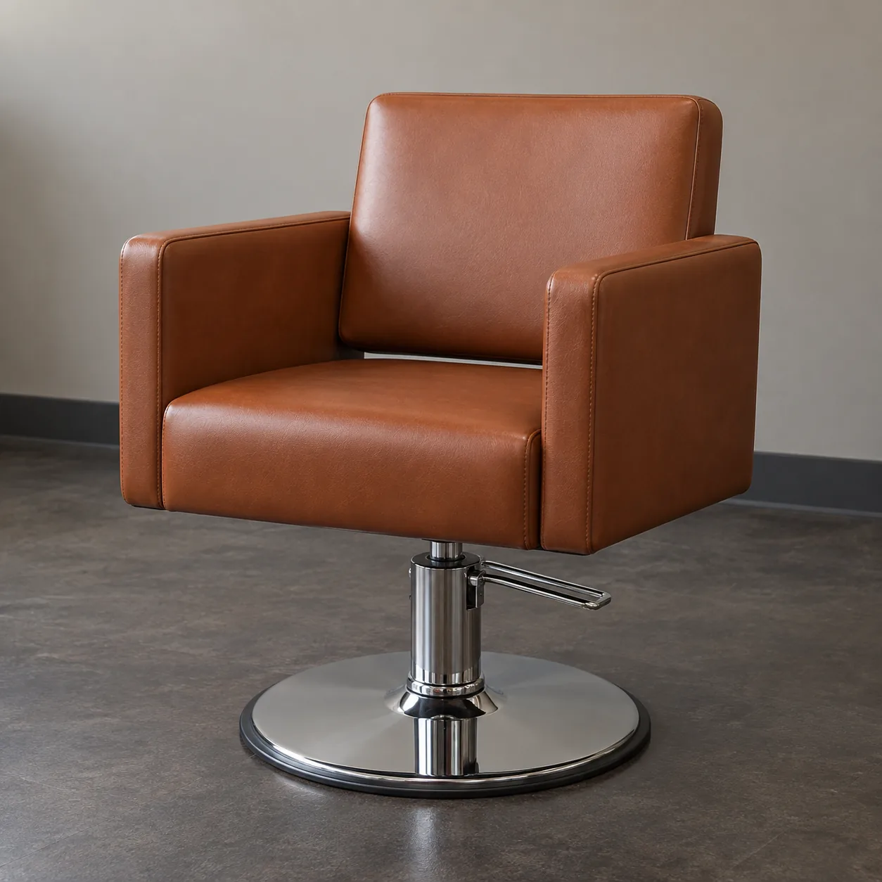 A styling chair recovered in cognac vinyl