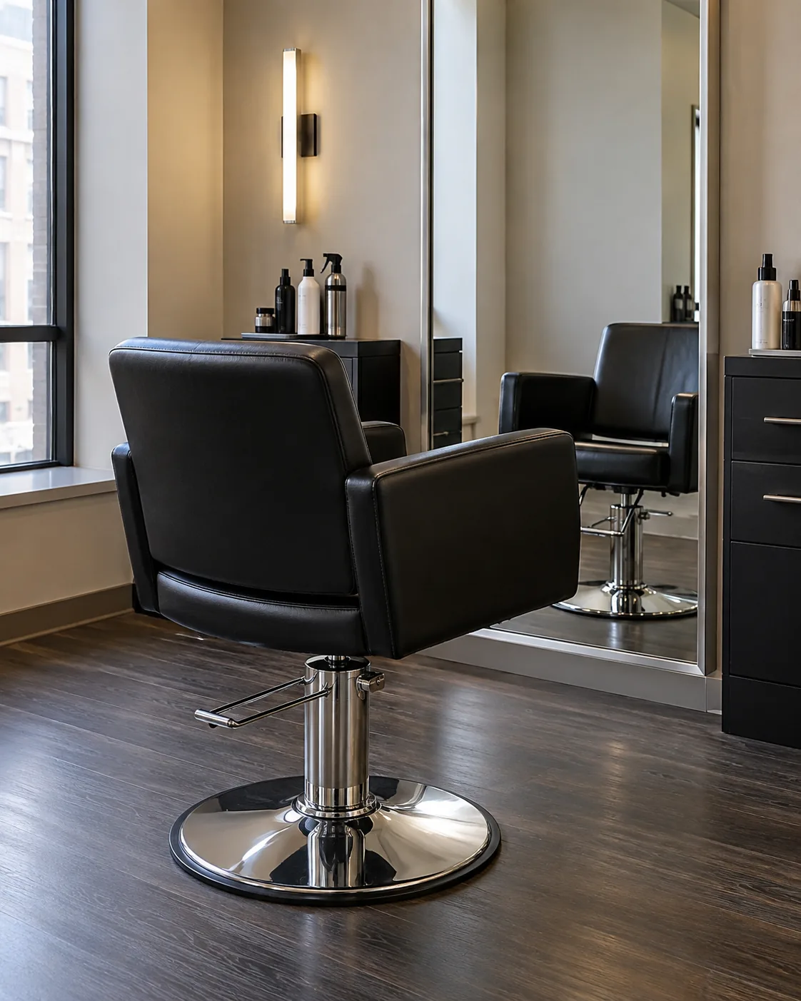 A styling chair on its hydraulic base at a salon station