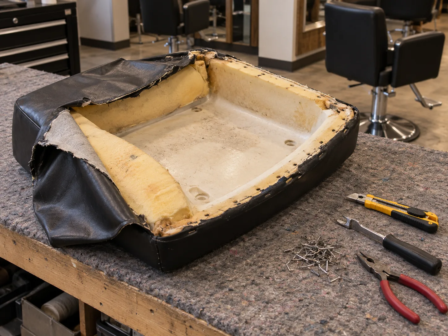 A styling chair seat with the old cover cut away and the bare shell showing
