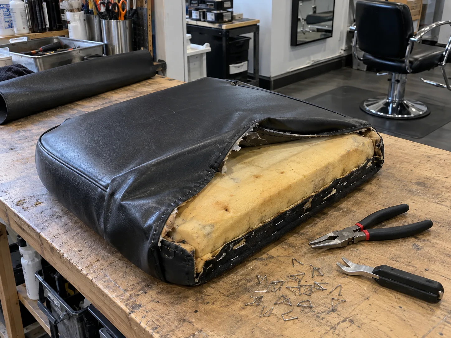 A styling chair seat with the old vinyl stripped off