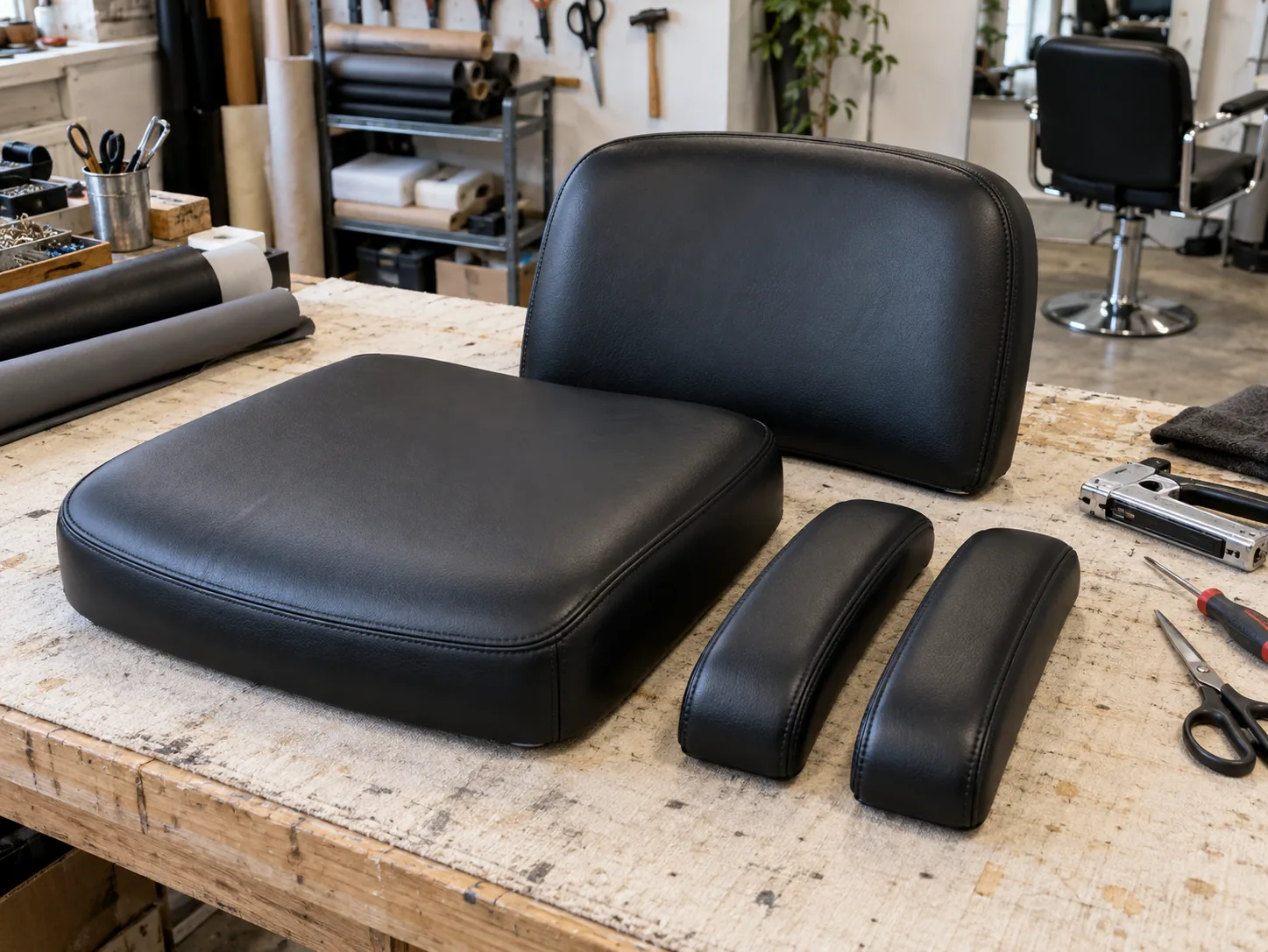 Styling chair seat, back and arm pads laid out on a workbench