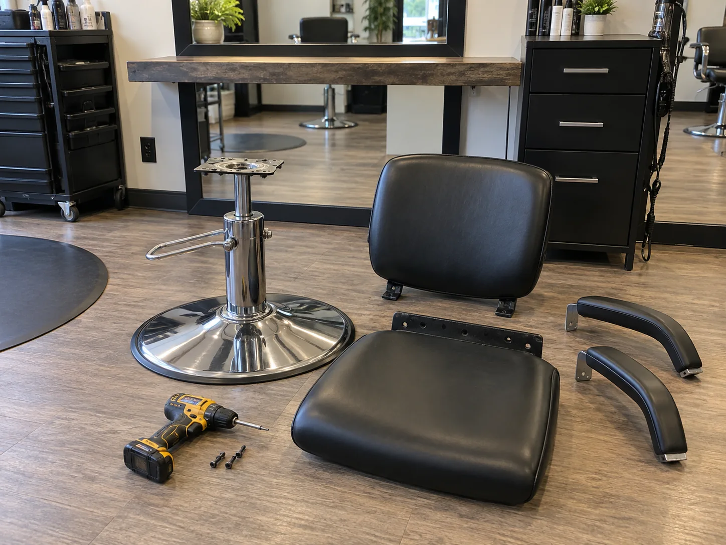 A styling chair base at its station with the upholstered pads removed