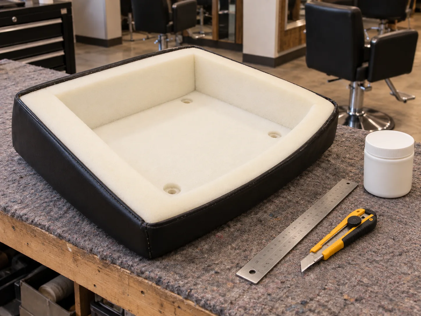 The same styling chair seat with new foam trimmed to shape