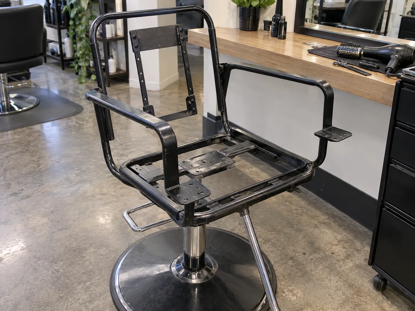 The steel frame and arm brackets of a styling chair with the pads removed
