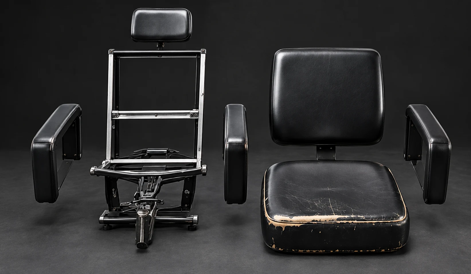Styling chair stripped to its bare frame with the seat, back and arm pads laid out separately