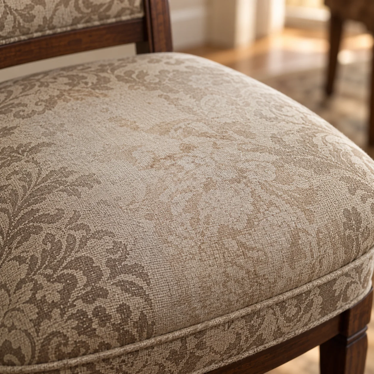 Sun-faded damask on a dining chair seat