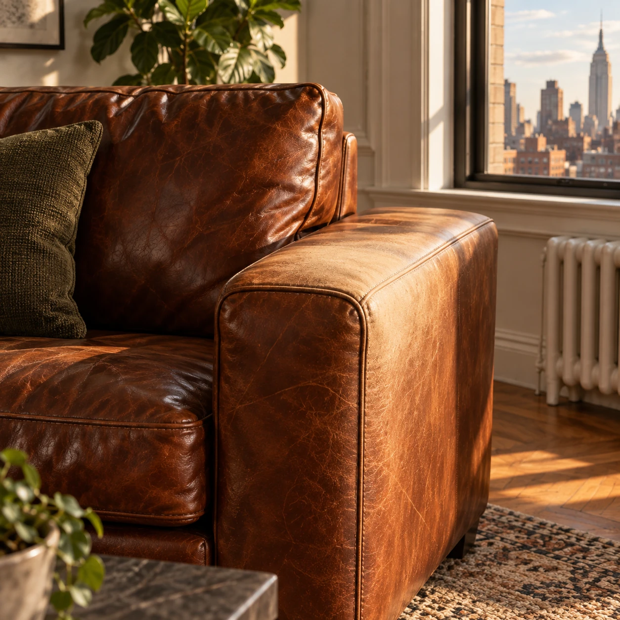 Sun-faded arm of a cognac sofa