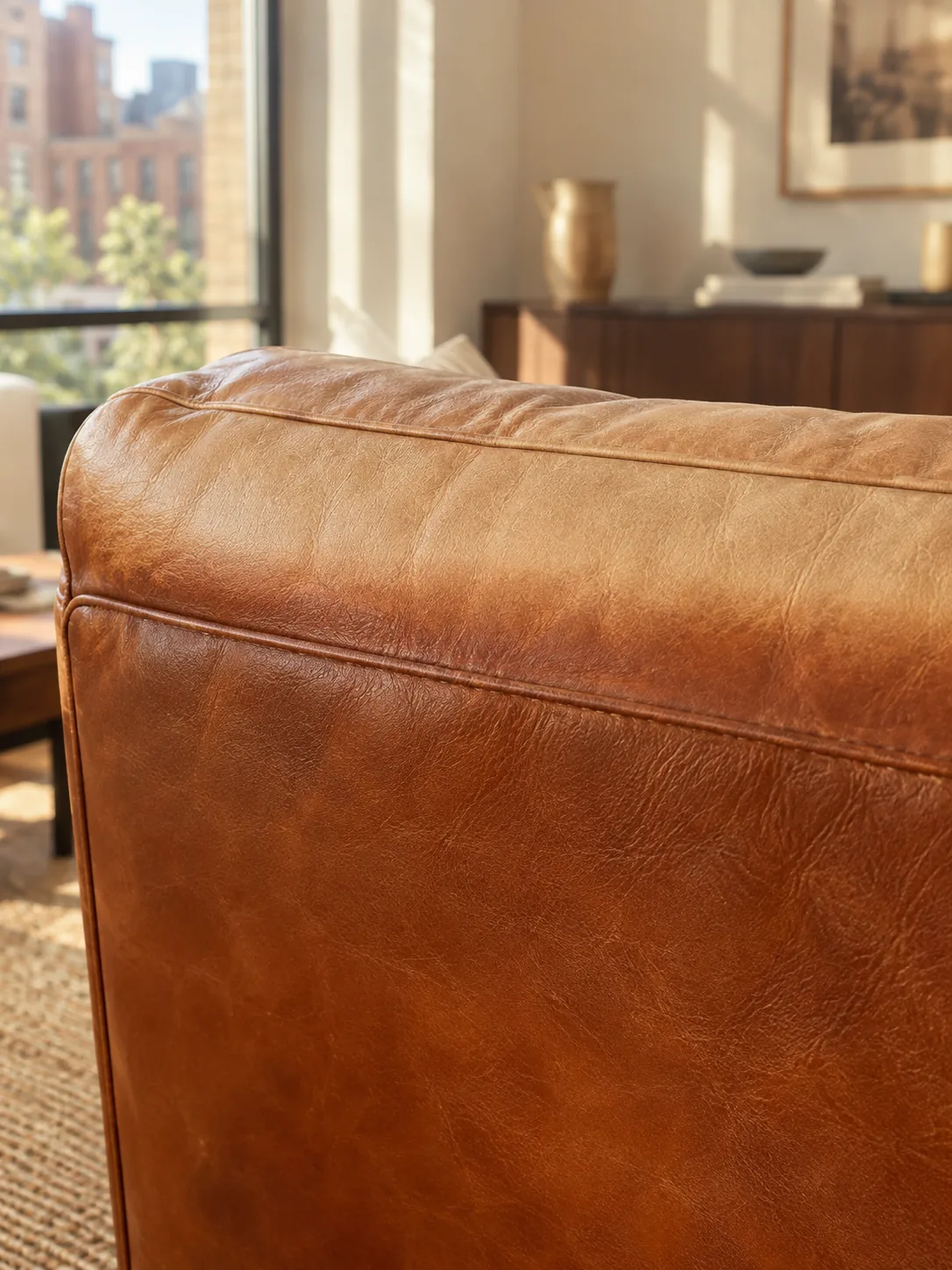 Close-up of sun-faded leather on a sofa back