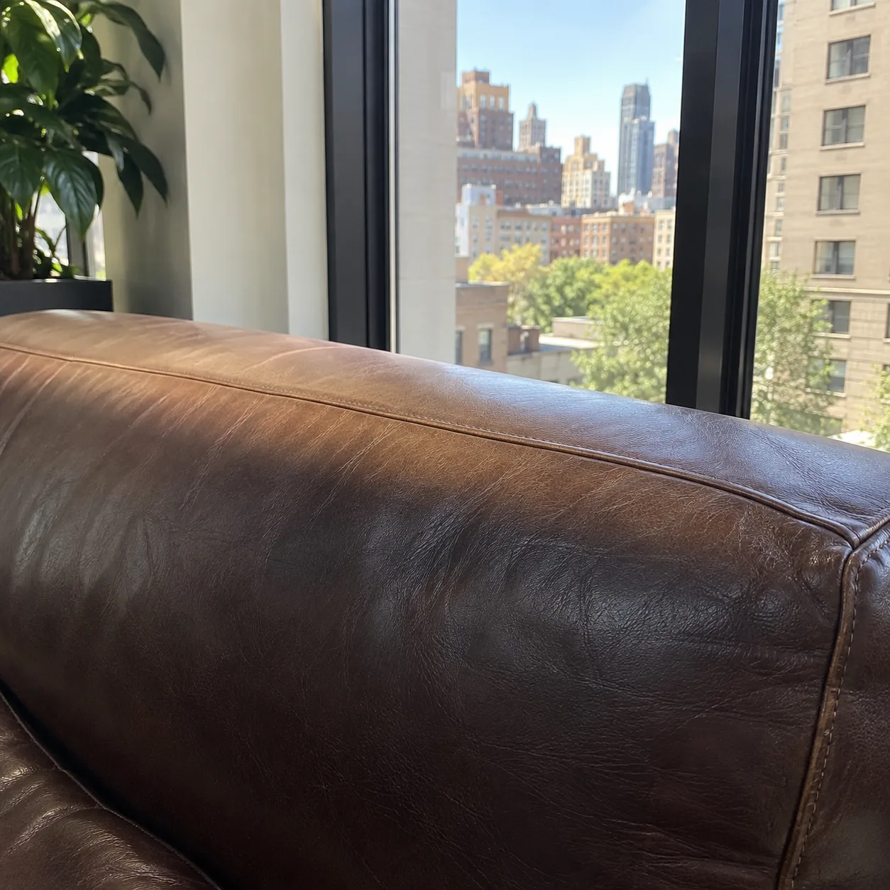 A leather sofa back faded by sun from a lobby window