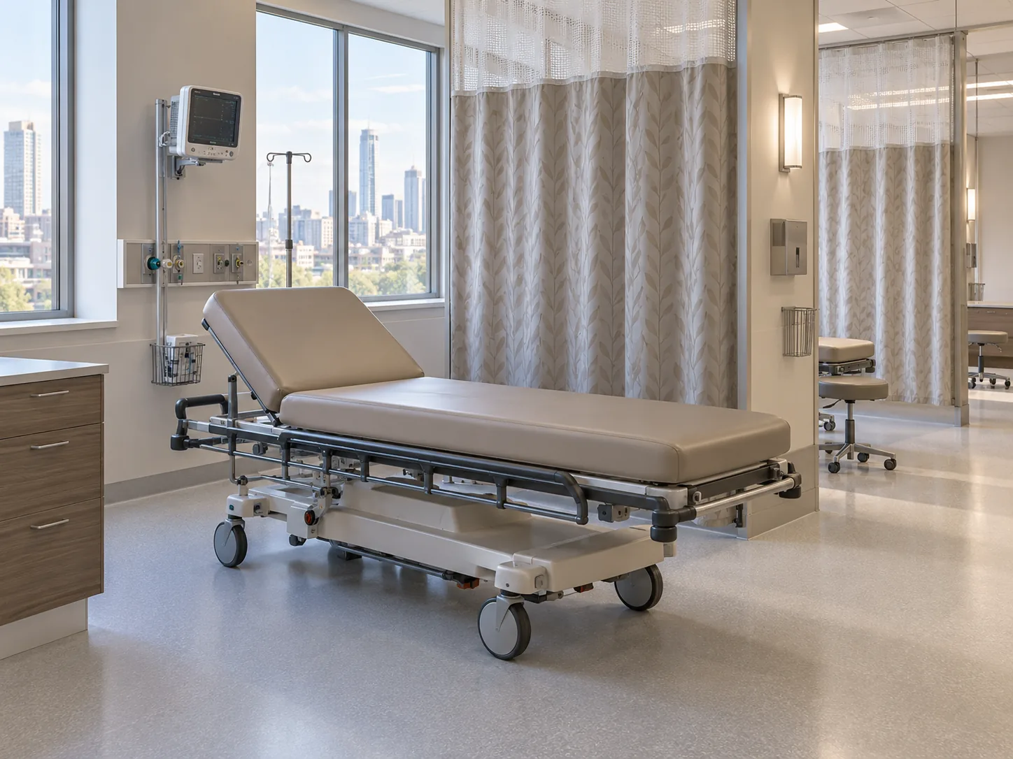 A surgery center pre-op bay with an upholstered stretcher