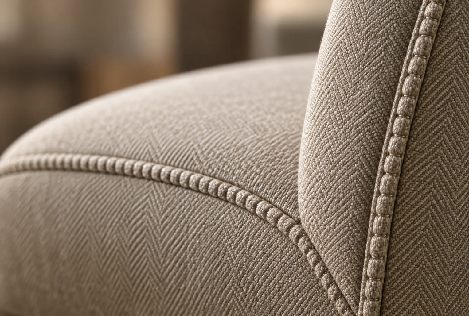 Tailored seam and piping on an oatmeal dining chair