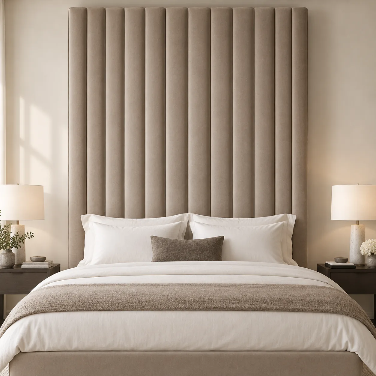 Tall narrow taupe channel-tufted headboard stopping at the mattress width
