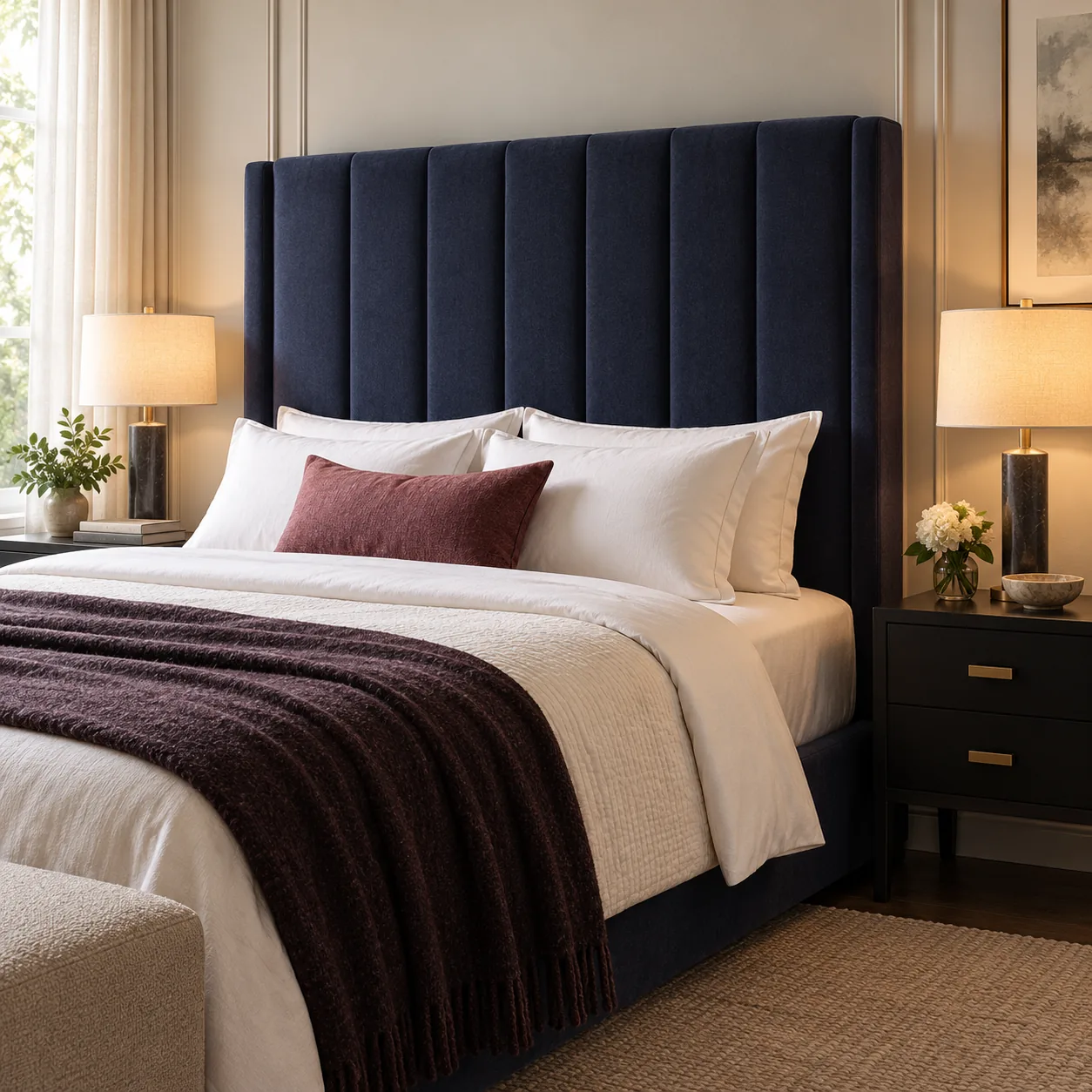 Tall navy wingback headboard with channel tufting and forward-turned wings