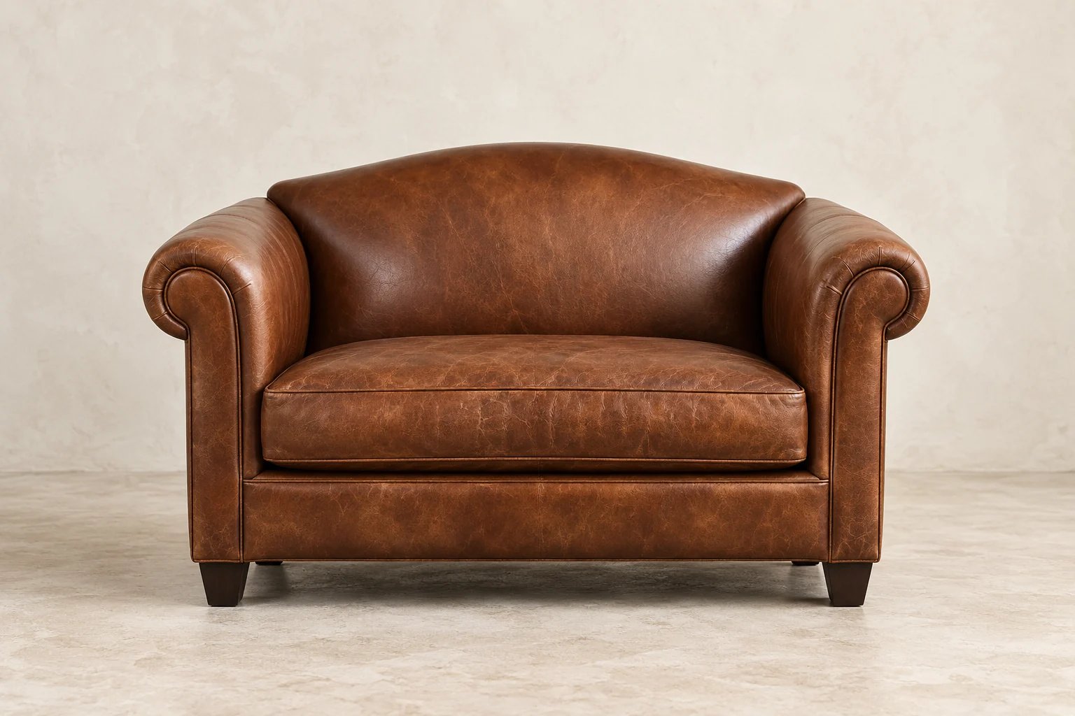 Tan leather club settee with deep rolled arms