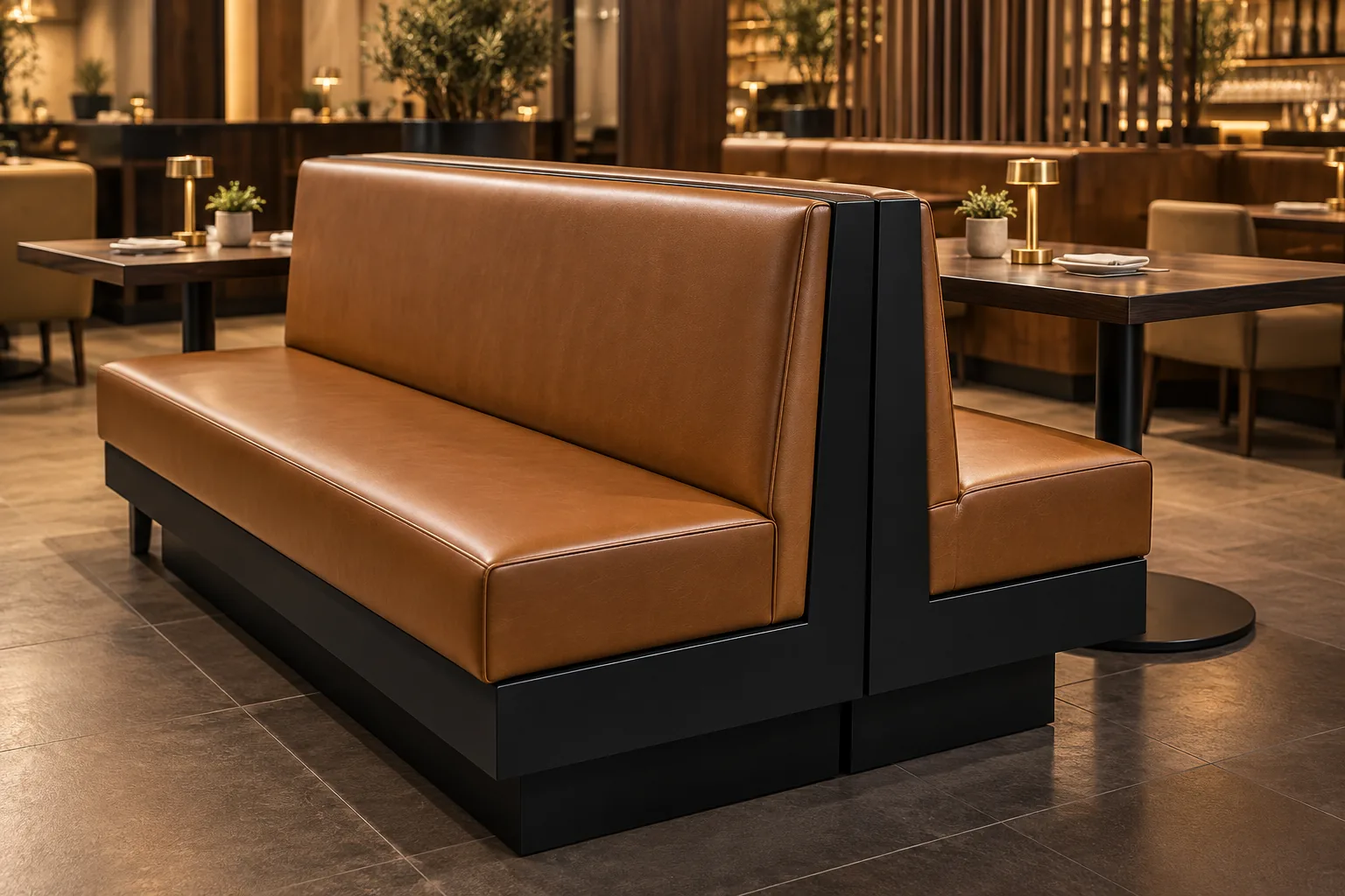 Tan leather back-to-back restaurant booth with an end panel