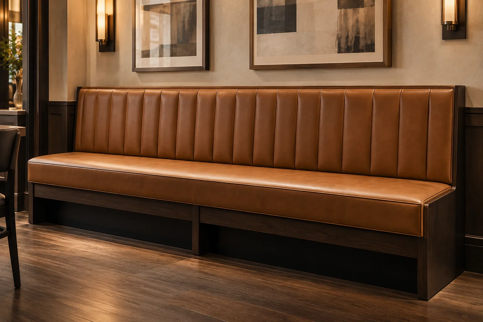 Single-sided tan leather banquette wall run