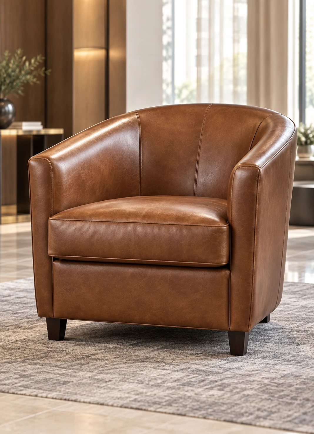 Tan leather barrel chair with a curved one-piece back