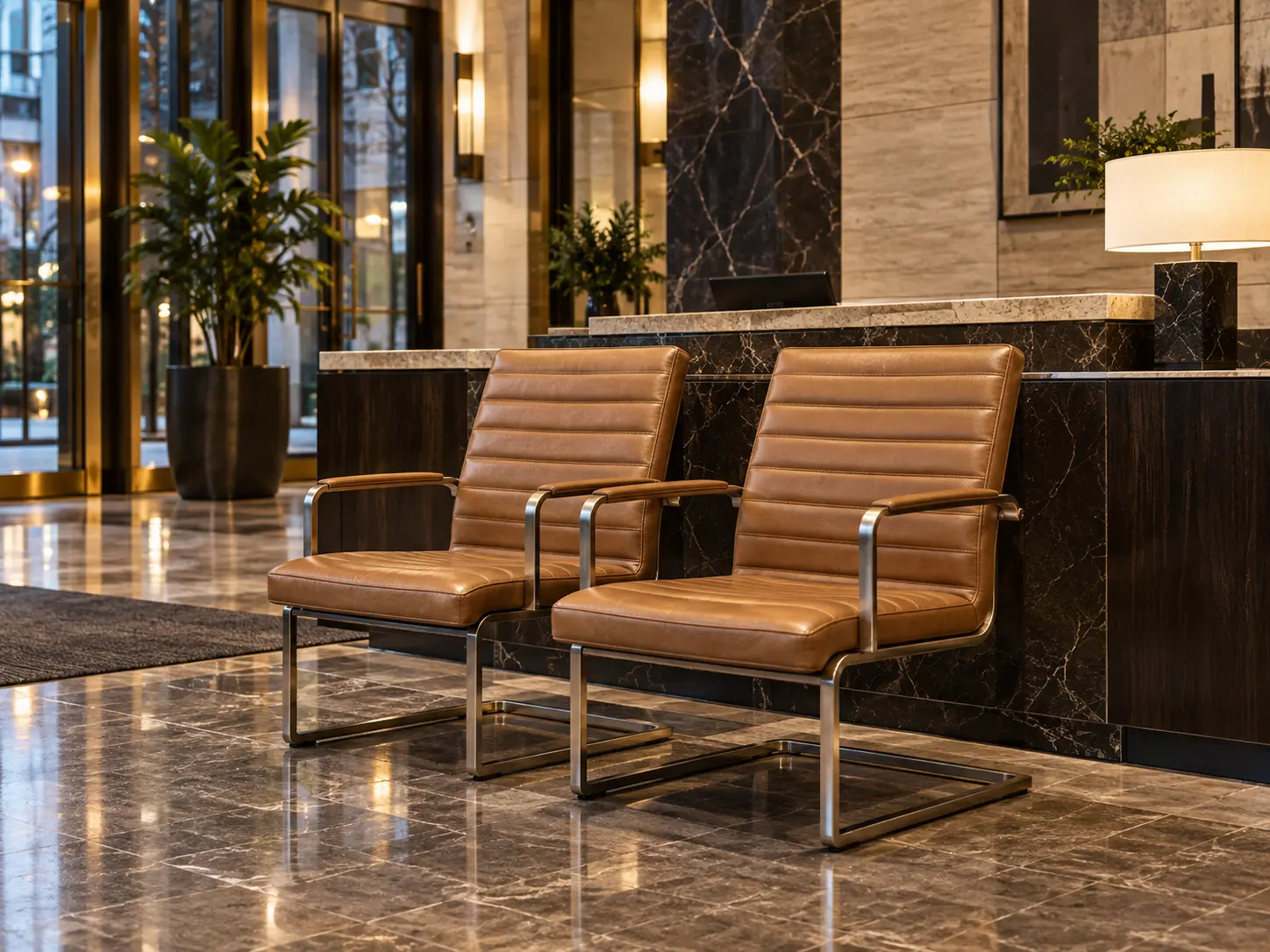 Tan leather and chrome chairs at a lobby front desk