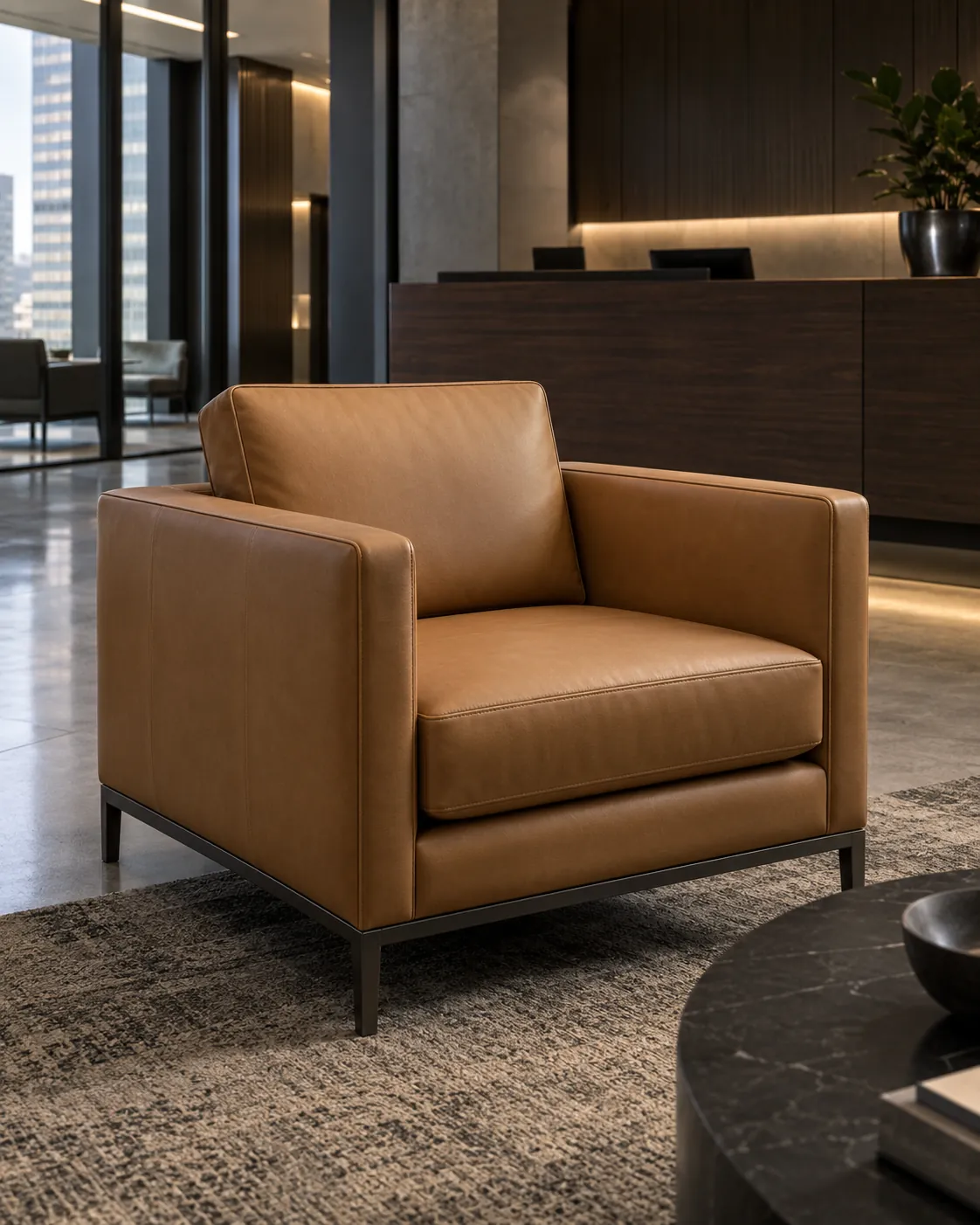 A tan leather lounge chair in an office reception