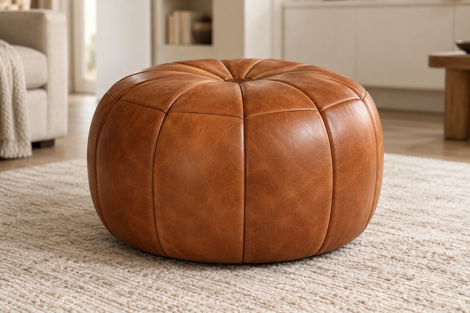 A tan leather round pouf with segmented panels and no buttons