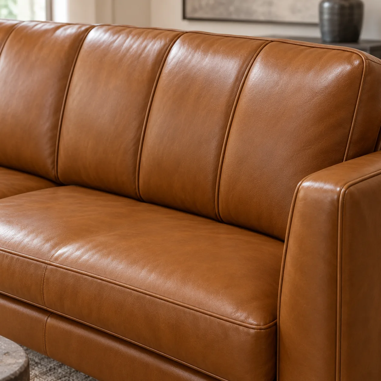 Tan leather sofa detail
