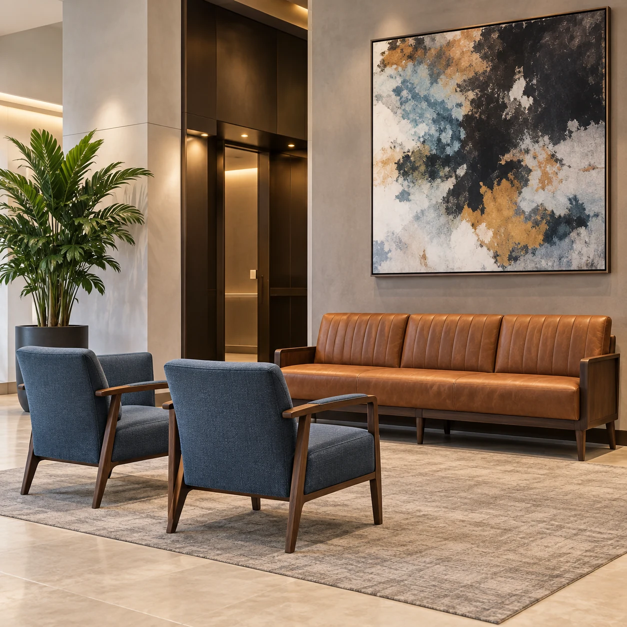 Tan leather sofa with blue guest chairs under abstract art